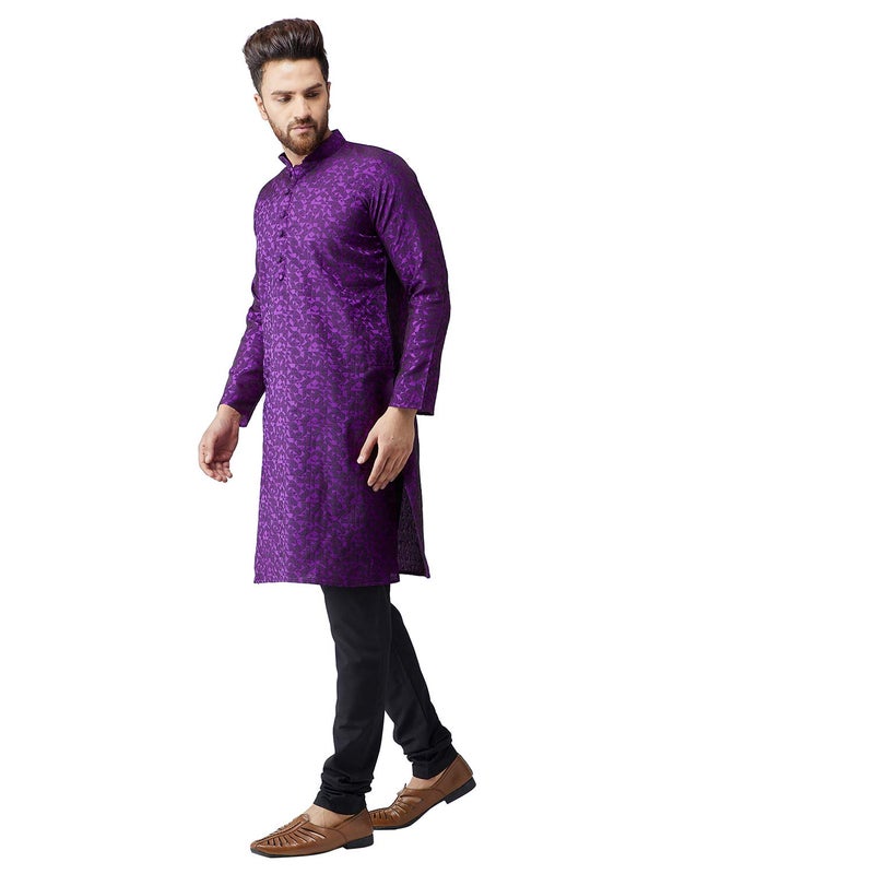 Sojanya (Since 1958 Men'S Violet Jackquard Silk Only Long Kurta, Size 40 - Image 1